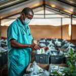 Profissional de saúde em Moçambique a organizar embalagens de medicamentos antirretrovirais numa farmácia comunitária limpa e iluminada.