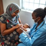 Profissional de saúde materno-infantil em consulta de rotina examinando recém-nascido nos braços da mãe em centro de saúde comunitário.