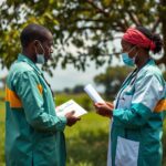 Profissional de saúde em Moçambique organiza fichas clínicas e medicamentos de apoio comunitário ao utente.