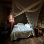 Rede mosquiteira estendida sobre uma cama num quarto arejado de uma habitação rural familiar.