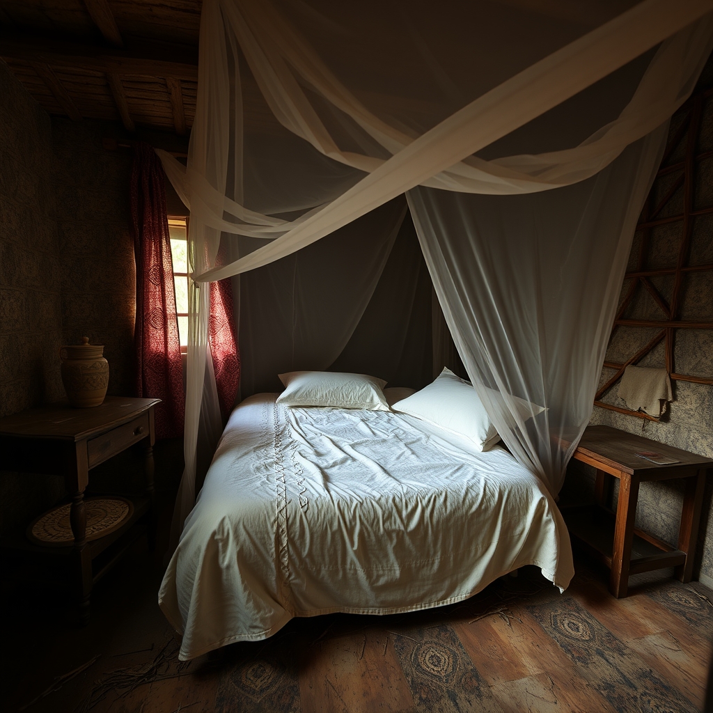 Rede mosquiteira estendida sobre uma cama num quarto arejado de uma habitação rural familiar.