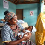 Profissional de saúde atende carinhosamente uma mãe com o seu recém-nascido numa unidade sanitária comunitária em Moçambique.