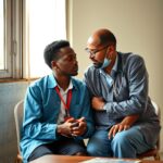 Profissional de saúde moçambicano em diálogo acolhedor com jovem numa consulta de apoio psicológico e comunitário