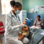 Profissional de saúde segura cartão de vacinação durante atendimento preventivo de rotina materno-infantil em centro de saúde.